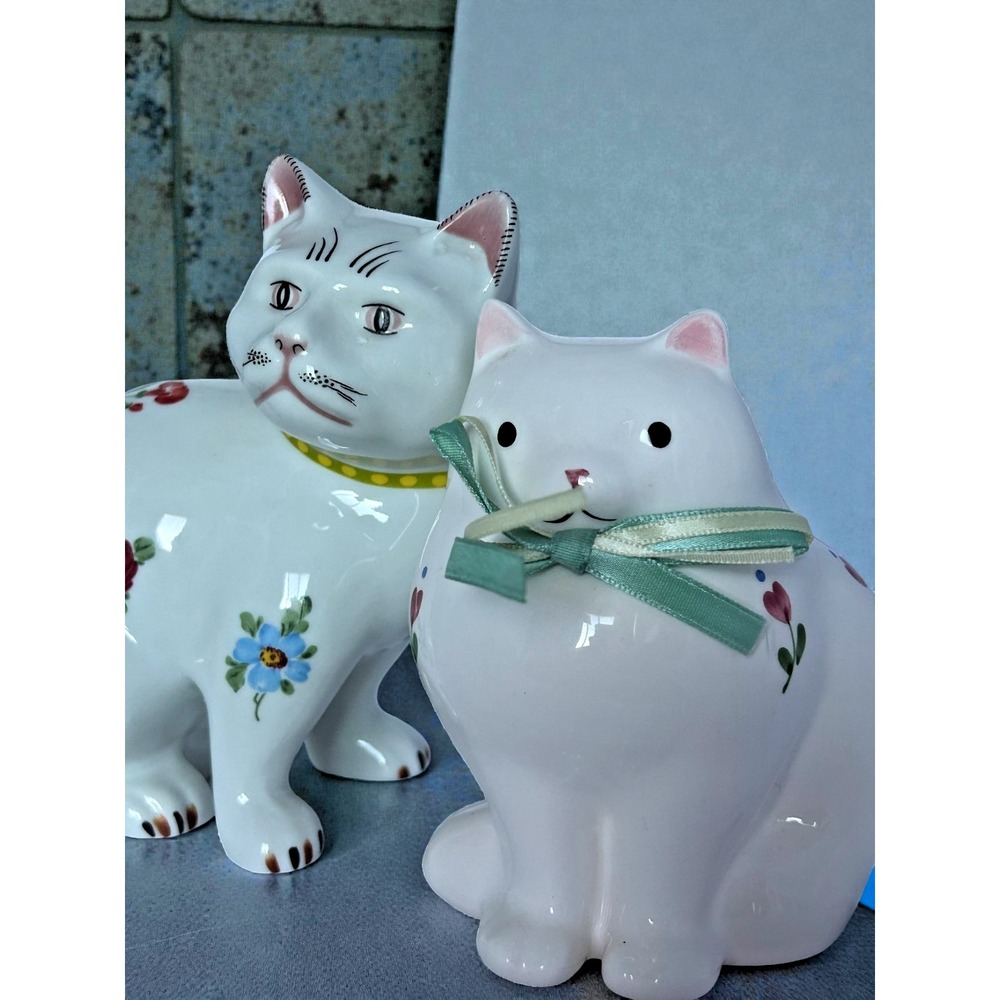 Vintage White Floral Cat Figure Porcelain Bow Chubby Hand painted Home Deco - Picture 10 of 14